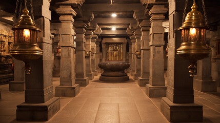 Hindu Temple Interior With Stone Pillars