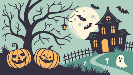 Halloween party invitation vector with spooky typography, pumpkins, ghosts, bats, and a haunted house illustration.

