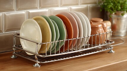 A chrome dish drainer with colorful plates.