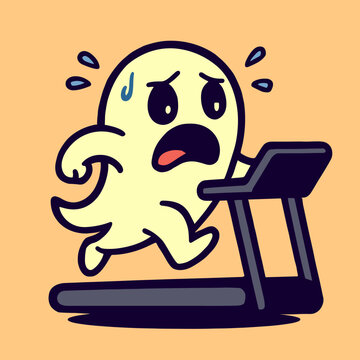 A cute ghost runs frantically on a treadmill with sweat flying and a scared expression, as if escaping something spooky, set against a flat minimalist background.