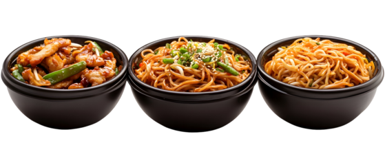 Three Bowls Of Lo Mein Noodles Dishes With Various Toppings Isolated On Transparent Background Showing Appetizing Food Cuisine and Culinary Presentation