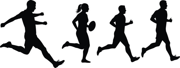 Silhouettes of athletic men running, jumping, playing sports, dynamic motion vector, fitness action pose, black and white illustration art