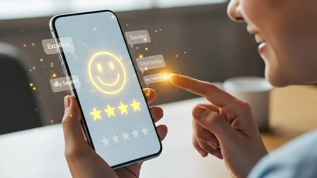 Happy customer leaves a five star review and positive feedback on their mobile phone