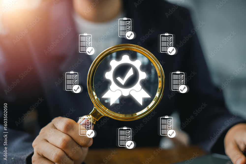 Poster visual representation of quality management with a magnifying glass and checkmark icons, symbolizing