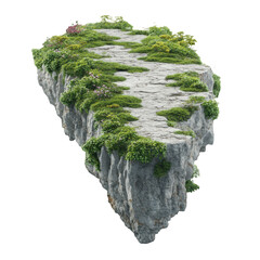 A floating rocky island adorned with lush greenery and vibrant flowers, set against a clear sky