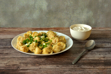 A round ceramic plate with freshly cooked dumplings with onions and sour cream on a wooden table next to a spoon.