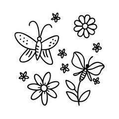 Minimalist illustration of butterflies and flowers in a simple black and white line art style