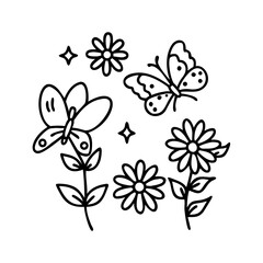 Minimalist illustration of butterflies and flowers in a simple black and white line art style