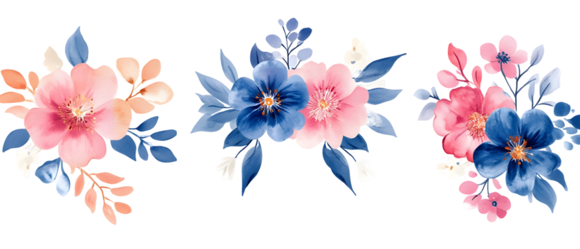 Watercolor Floral Arrangement Featuring Pink And Blue Blossoms With Lush Green Leaves Isolated Against Transparent Background