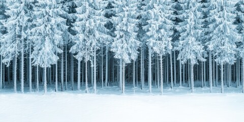 Dense pine forest covered in frost and snow under a cool overcast sky winter