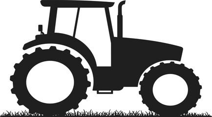 Tractor silhouette in field, farming machinery, agricultural vehicle, rural illustration, black and white vector, countryside equipment, farmland work scene