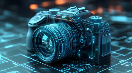 Futuristic Digital Camera on Circuit Board Background