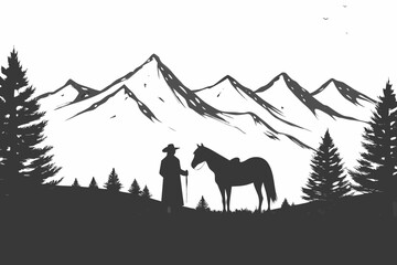Man and Horse Silhouette in Mountain Landscape
