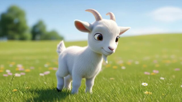 Adorable animated baby goat frolicking on a sunny meadow, gentle breeze, and vibrant wildflowers,