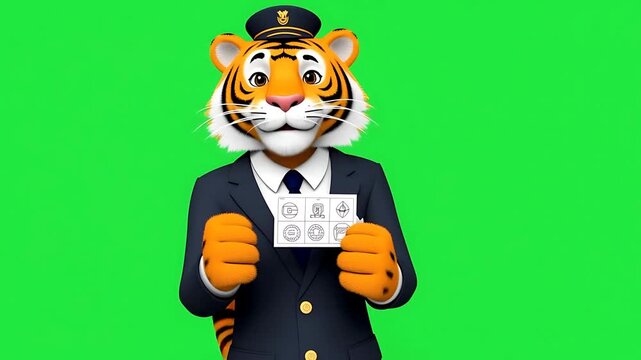 Friendly Tiger Optometrist Holding Eye Chart on Green Screen