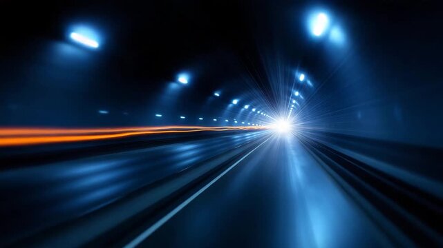An exhilarating portrayal of a tunnel filled with vivid blue lights captures the feeling of speed and motion as if transcending into another realm at lightning speed.