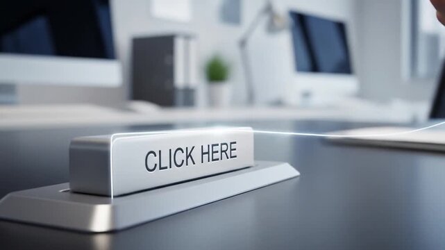 Finger Presses Click Here Button on Desk in Office for Online Action