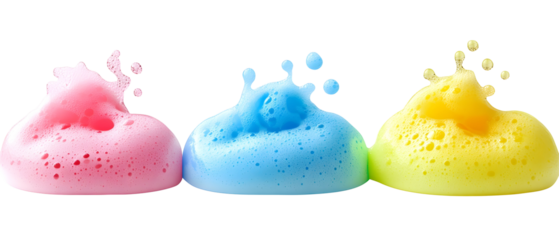 Colorful Soapy Foam Splashes In Pink Blue And Yellow Isolated Against Transparent Backdrop