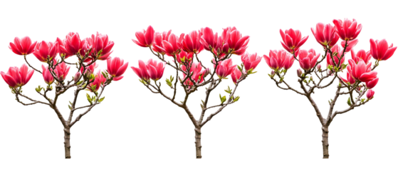 Three Blooming Pink Tulip Trees Isolated On Transparent Black Background Showing Blossoms And Branches