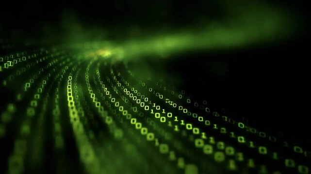 A mesmerizing flow of green binary code symbols creating an abstract digital landscape representing technology and data communication in a modern world.
