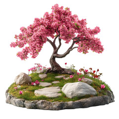 A serene cherry blossom tree stands on a grassy island surrounded by rocks and vibrant flowers