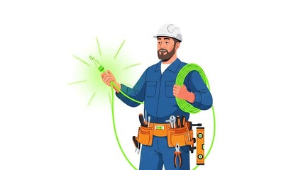 Electrician Holding Glowing Wire Connector and Cable Roll on White Background