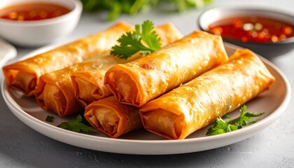 Fried Spring Rolls, Popia Or Lumpia On A Plate.