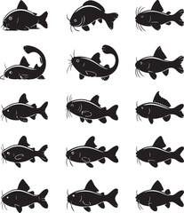 Silhouette Icon Pack of Catfish Flat Vector Art of Aquatic Life with White Background