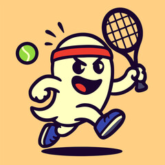 A cute ghost wearing a headband and sneakers swings a tennis racket with energetic flair and a goofy competitive expression, set against a flat background.