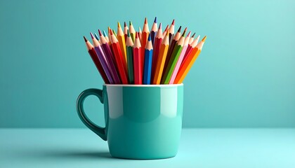 Colorful pencils clustered in a teal mug against a teal background