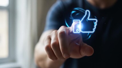 Man's finger taps a glowing like button on a virtual interface, symbolizing approval and social media engagement. - Powered by Adobe