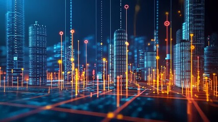 Futuristic city skyline with glowing data streams and digital elements illuminating the urban landscape - Powered by Adobe