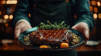 Chef Presenting Grilled Steak in Restaurant