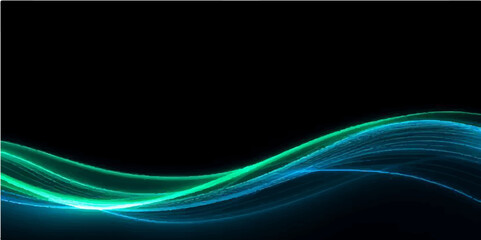 Abstract flowing blue and green light lines create a futuristic wave pattern for a dynamic background
