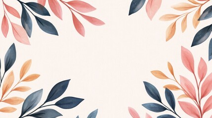 Watercolor floral arrangement with coral navy blue and peach leaves on a cream background