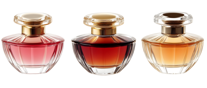 Three Elegant Perfume Bottles Displaying Pink Brown And Amber Liquids With Gold Accents Against A Transparent Backdrop