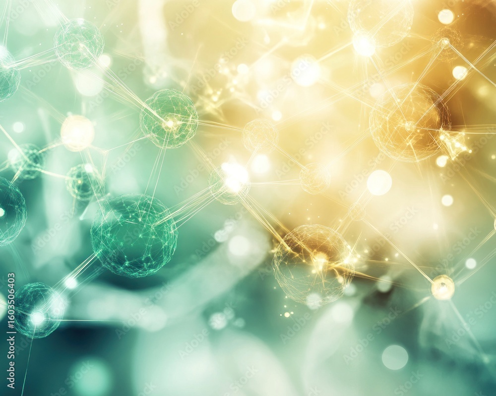 Poster abstract background with interconnected spheres and glowing lights in teal and golden hues design el