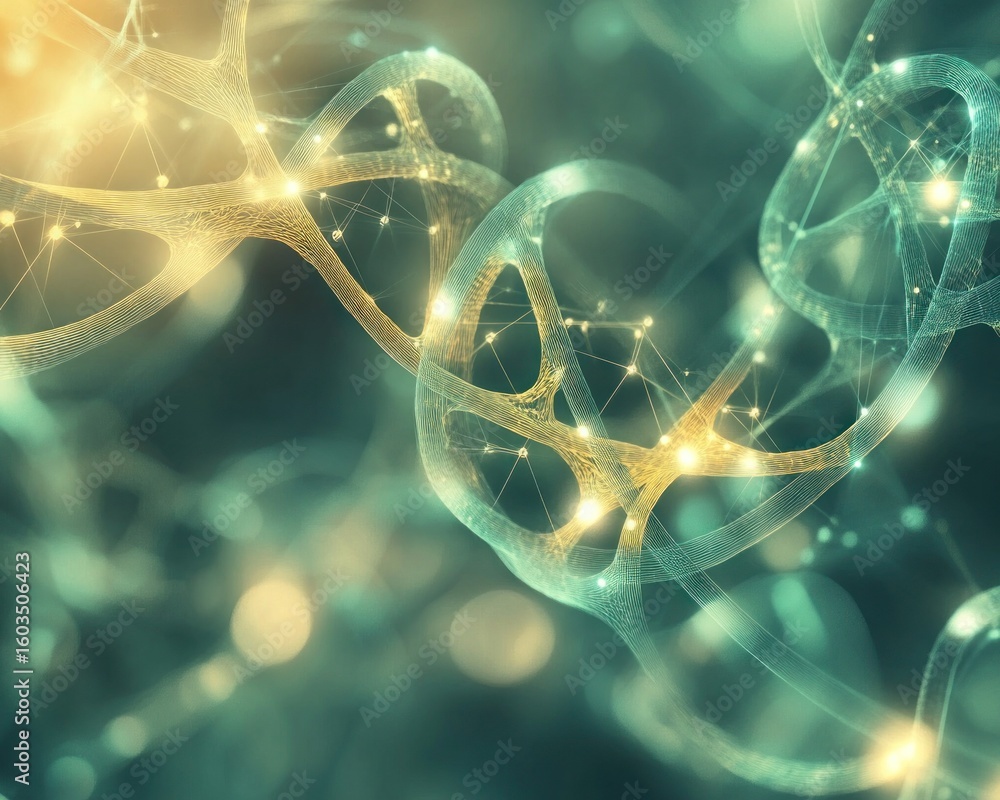 Poster abstract dna structure with glowing nodes and connections in teal and gold tones creating a network 