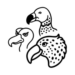 Black and white outline illustration of dodo birds and a leopard head in simple lines.
