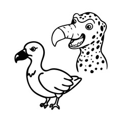 Black and white outline illustration of dodo birds and a leopard head in simple lines.