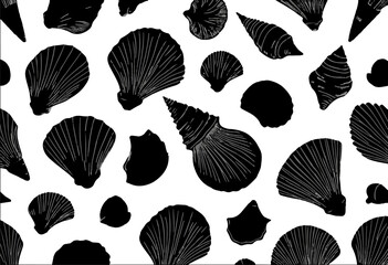 Black and white pattern of various shells. It could be used as a seashell illustration for a coastal or beach themed project.