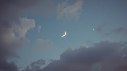 Crescent Moon and Stars in a Cloudy Night Sky