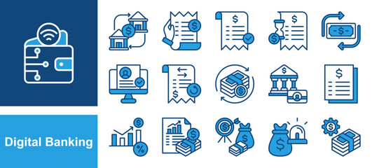 Digital banking icon set with Digital wallet, Bank transfer, Bill payment, Payment approved, Payment pending, Money transfer, Verified account, Transaction history, Bank account, Interest rate.