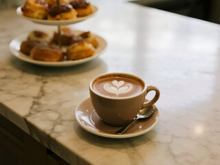 A beautifully crafted latte with intricate heart-shaped latte art, served in a beige cup on a polished marble countertop with a blurred background of pastries.