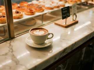 A perfectly presented latte with heart-shaped latte art in a white cup, on a marble counter in a cafe, with a display of pastries in the background.