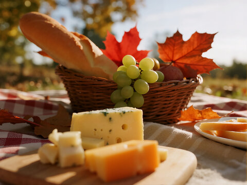 A close-up of a rustic autumn picnic spread featuring various cheeses, fresh green grapes, a baguette in a basket, and vibrant maple leaves on a checkered blanket.