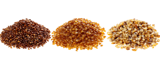 Three Heaps of Wheat Grains Isolated on a Transparent Background Featuring Varying Shades of Brown and Golden Hues in Studio Lighting