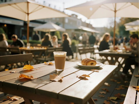 A sunlit outdoor cafe scene with a croissant and a glass of latte on a rustic wooden table, while blurred customers enjoy their time under white umbrellas.