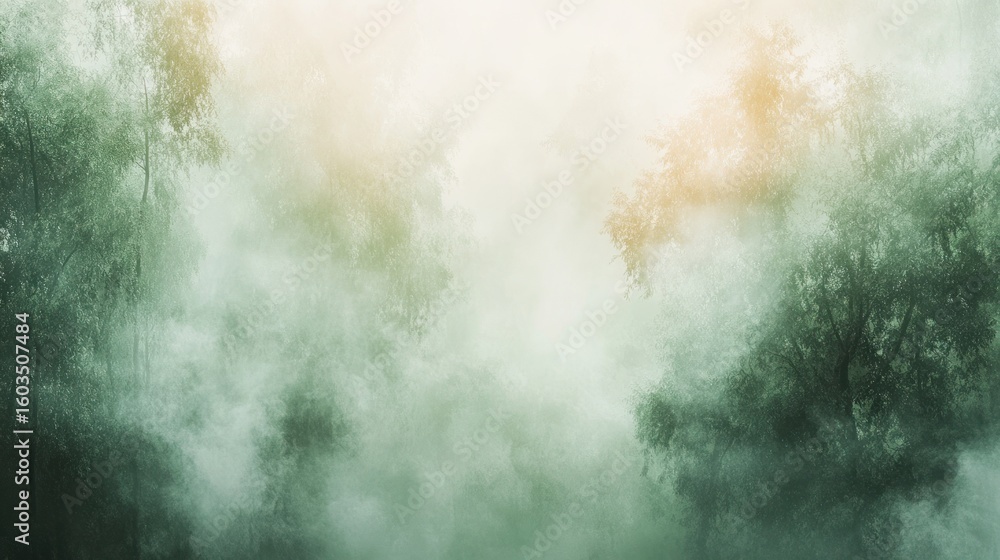 Poster a hazy view of green trees and foliage with a bright white and yellow sky in the background scene