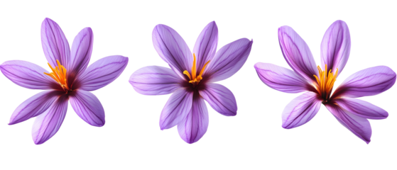 Three Purple Saffron Flowers with Detailed Petals on Transparent Background Displaying Vibrant Colors and Delicate Structures